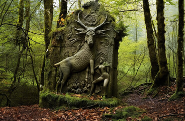 Fototapeta na wymiar Simulated Carved Standing Stone to Ancient Stag God or Horned Deer Pagan Deity, Fantasy Temple Ruins in Forest