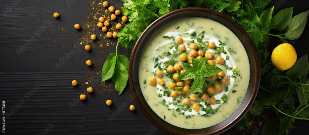 Poster nourishing soup with chickpeas spinach spices herbs and coconut milk