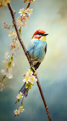 Obraz premium Realistic mountain red, blue bird very fluffy on very light pink flowered sakura tree.