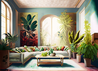 Interior design living room with a lot of plants and digital art concept, Generative AI.