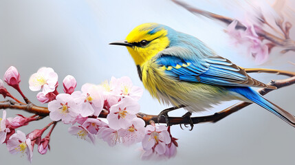 Realistic mountain yellow,blue bird very fluffy on very light pink flowered sakura tree.