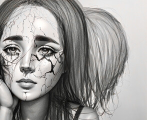 A sketch of a depressed girl. AI generated