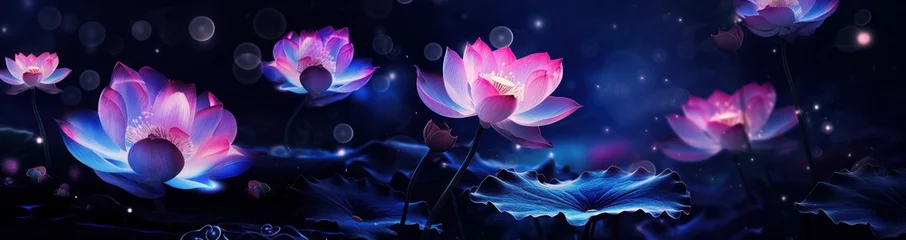 Foto op Canvas Panorama of fluorescent lotuses at night on a quiet lake © Olmyntay