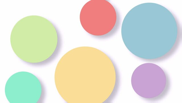 Beautiful simple animated floating circle pastel bubbles bouncing on white background. Colorful bright balls motion graphic