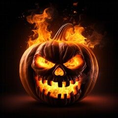 Halloween concept: flaming jack o' lantern pumpkin with a carved devious grin. Isolated on black background. Generative AI.
