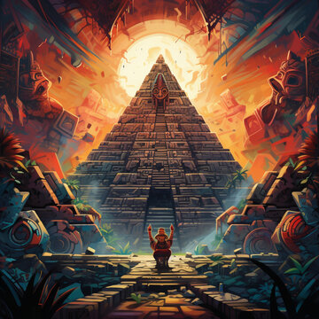 Illustration of fictitious pre-Hispanic pyramids, which refer to the Aztecs, Mayans, Olmecs who made great constructions