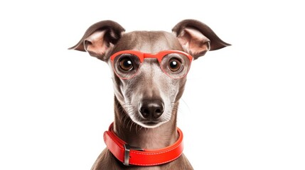 old italian greyhound with red collar isolated on white - obrazy, fototapety, plakaty