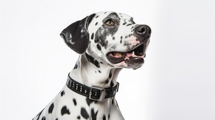 panting dalmatian dog wearing a collar isolated on white