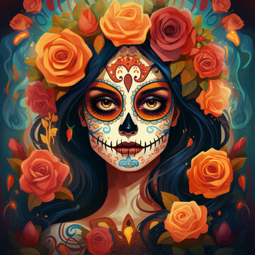 Woman dressed as a catrina, icon of Mexican culture and the traditional Day of the Dead celebrated in November
