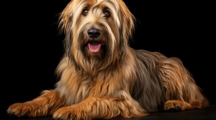 panting fawn briard dog sitting in front isolated on