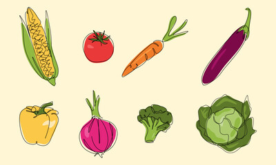 bundle of vegetables, fruit in one continuous line drawing style. vector illustration.