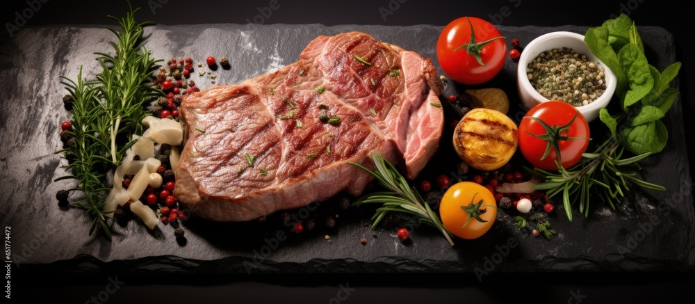 Wall mural different types of proteins rib eye dorado pork egg overhead view on a black stone backdrop