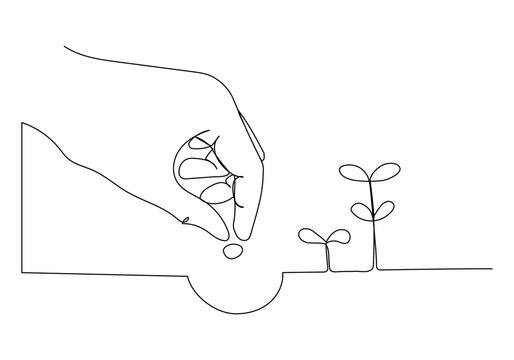 hand planting seed, line art, white background clip art preview