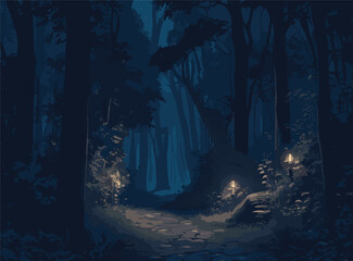 Illustrate a detailed vector background of a nocturnal wilderness adventure, where moonlight filters through the dense canopy, casting intricate shadows on the forest floor and revealing the path