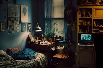 A dark college dorm room 1970s decor soft blue light artistic 