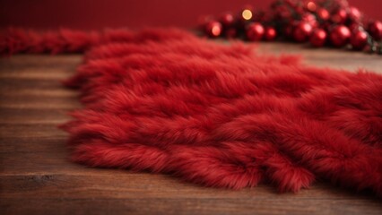 Christmas red fur lying on the floor, red Christmas balls in the background