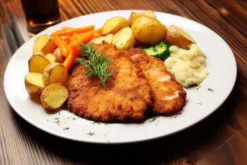 Schnitzel with potatoes and vegetables.