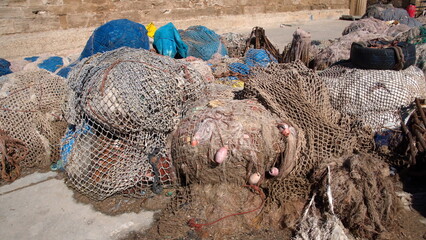 Fishing nets on the quay in the harbor in Essaouira, Morocco