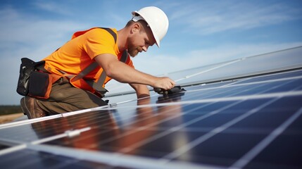 Solar Power Engineer at Work Installing Photovoltaic Panels. Generative ai