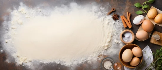Papier Peint photo Lavable Pain Baking and cooking ingredients recipe book blank background top view