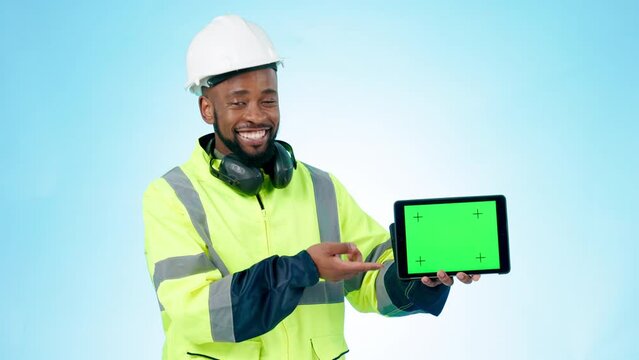 Happy Black Man, Architect And Tablet Green Screen For Construction Or Advertising Against A Studio Background. Portrait Of African Engineer Or Contractor Showing Technology App, Display Or Mockup