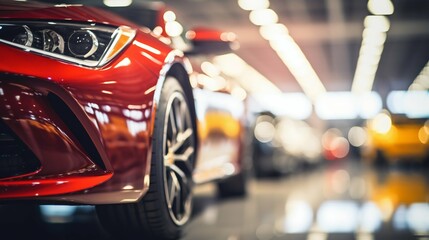 Blurred Background of Luxury Cars in Showroom with Bokeh Lights. Generative ai