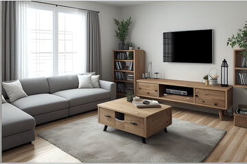 Cozy living room interior with TV stand. 3d rendering