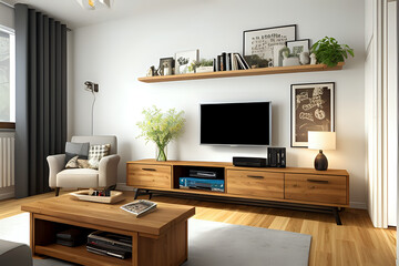 Cozy living room interior with TV stand. 3d rendering. Template