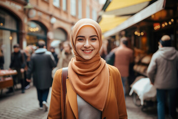 A young Muslim woman traveler in a street city - obrazy, fototapety, plakaty