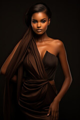 A very dark skinned woman in a high end photo shoot, very beautiful, controversial dress