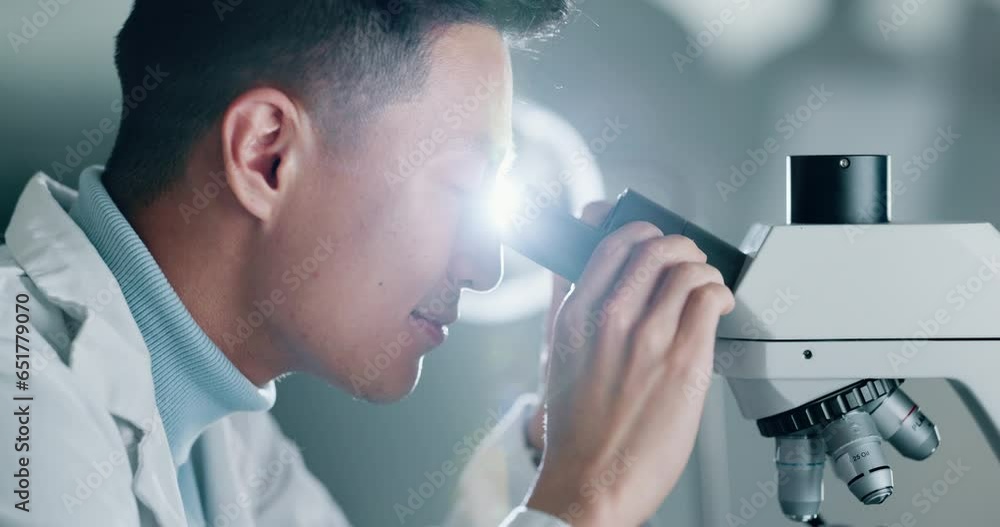Poster scientist, man and data analysis, microscope and investigation for medical research in laboratory. p
