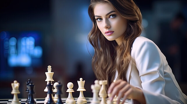 Beautiful young lady chess champion, focusing on game, beautiful, angle as she is making a decision to move the next chess piece as she is about to defeat her opponent