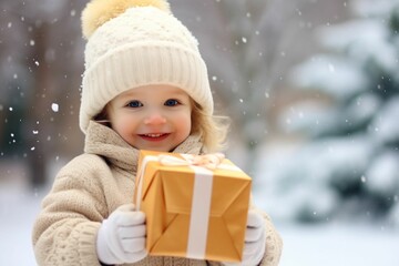 Cute child with happy face holding a gift box in snowfall. Christmas winter holidays concept
