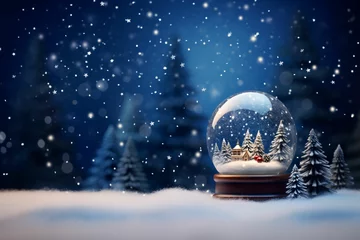 Fototapeten Miniature Christmas village in snow globe with snowfall background. Winter concept with copy space © Tazzi Art