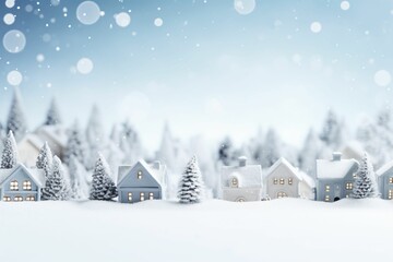 Snowfall background of miniature village. Winter holiday concept with copy space