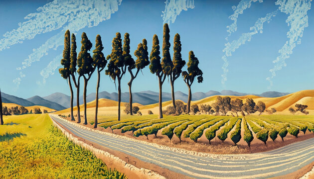 Beautiful illustration of the Ojai landscape in California, USA