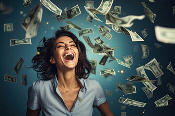 Woman winning a lottery, happy expression, blurred money flying in air