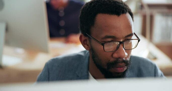 Thinking, face and black man in office reading, search and brainstorming business solution. Research, planning and African male designer online for design information, project management or proposal
