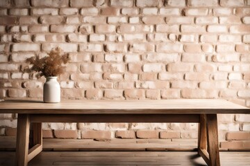 Fototapeta na wymiar Brick Wall with Worn Farmhouse Table Minimalist Product Backdrop Background.