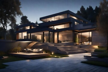 Modern house exterior evening view with interior lighting.