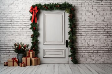 Fototapeta na wymiar Stylish hallway interior with decorated door and Christmas gifts, space for text. generative ai.