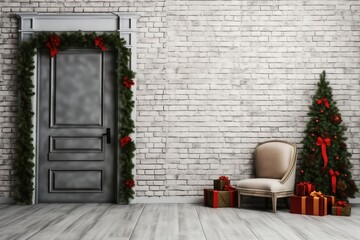 Fototapeta na wymiar Stylish hallway interior with decorated door and Christmas gifts, space for text. generative ai.