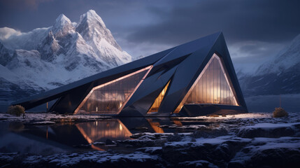 A house is shown with snow-capped mountains, in the style of futuristic settings, dark and brooding designer, nature-inspired, havencore, sharp and angular - obrazy, fototapety, plakaty