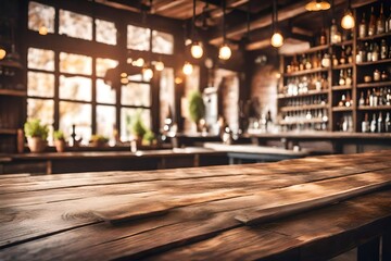 Empty rustic bar restaurant café wooden table space platform with defocused blurry pub interior...