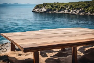 Wooden table on the background of the sea, island and the blue sky. 3d rendering 
