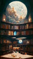 inside of a hyper realistic vast library interior filled with books monks in fancy robes and floating magical bookshelves cosmos in the sky and moons with planets ravenclaw common room no blur  - obrazy, fototapety, plakaty