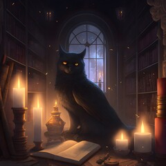 fantasy dd black cat with wings library candles 8k resolution  - obrazy, fototapety, plakaty