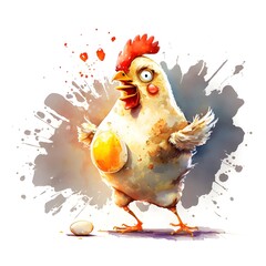 Drawing Watercolor Beautiful Lighting a funny chicken holding a fried egg cartooncomicmasterpiece28k resolution high qualityhdr  - obrazy, fototapety, plakaty