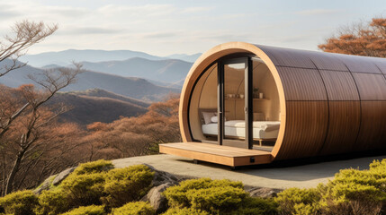 Brown luxury pod home on hill sun day