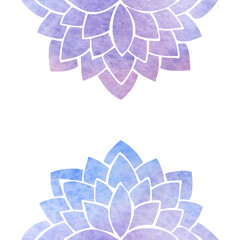 Symmetrically arranged decorative elements - silhouettes of purple and blue stylized flowers, ethnic oriental pattern mandala with watercolor texture